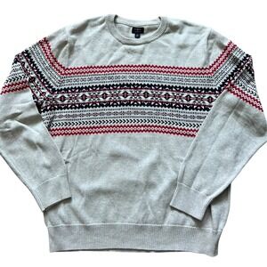 J.Crew Mens Fair Isle Cotton Crewneck Sweater Gray Red Blue Geometric Large L